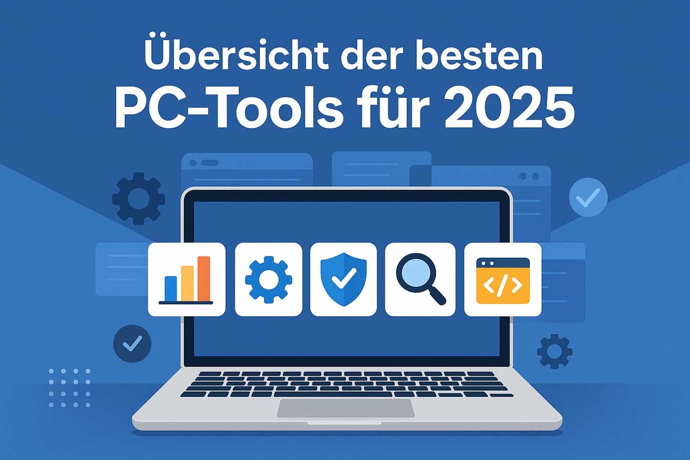 Übersicht der besten PC-Tools für 2025 – moderne Laptop-Illustration mit Symbolen für Software, Sicherheit, System- und Analyse-Tools