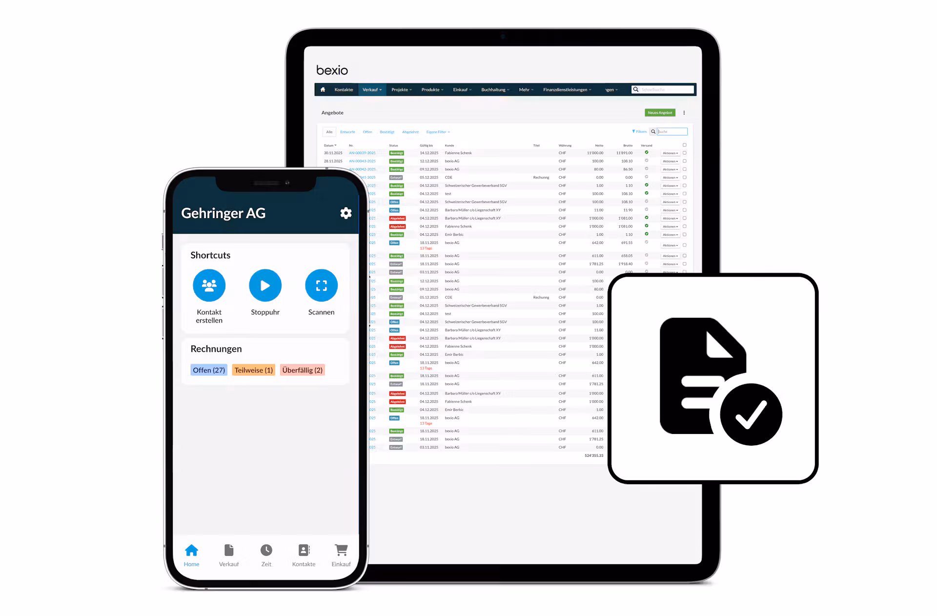 bexio Angebotsliste auf dem Tablet und bexio Go App mit offenen Rechnungen