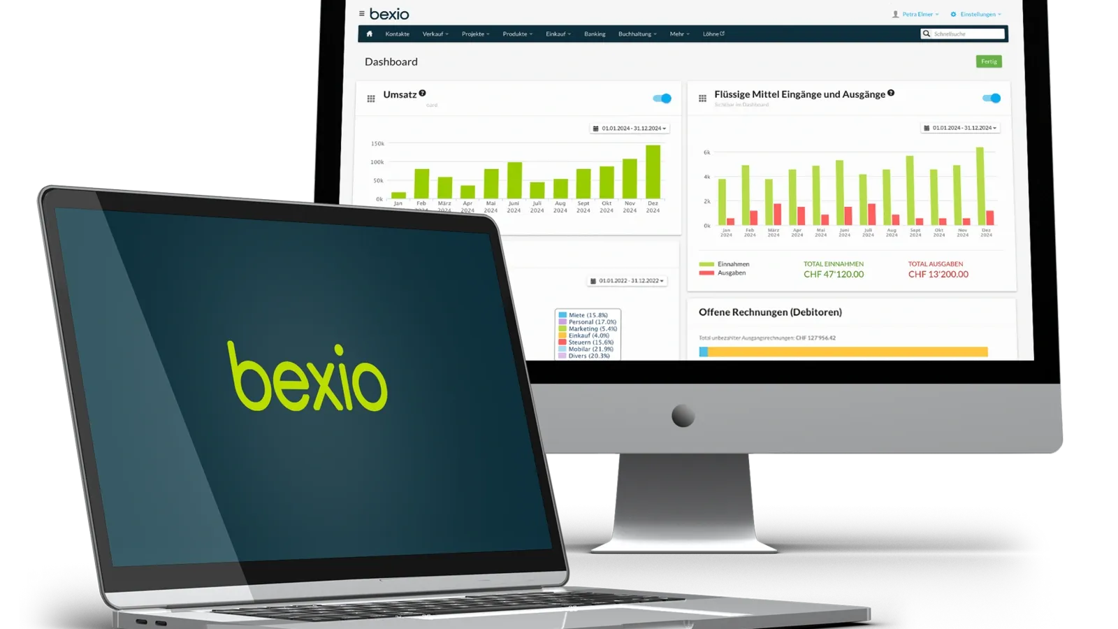 bexio Dashboard mit Umsatz und offenen Rechnungen