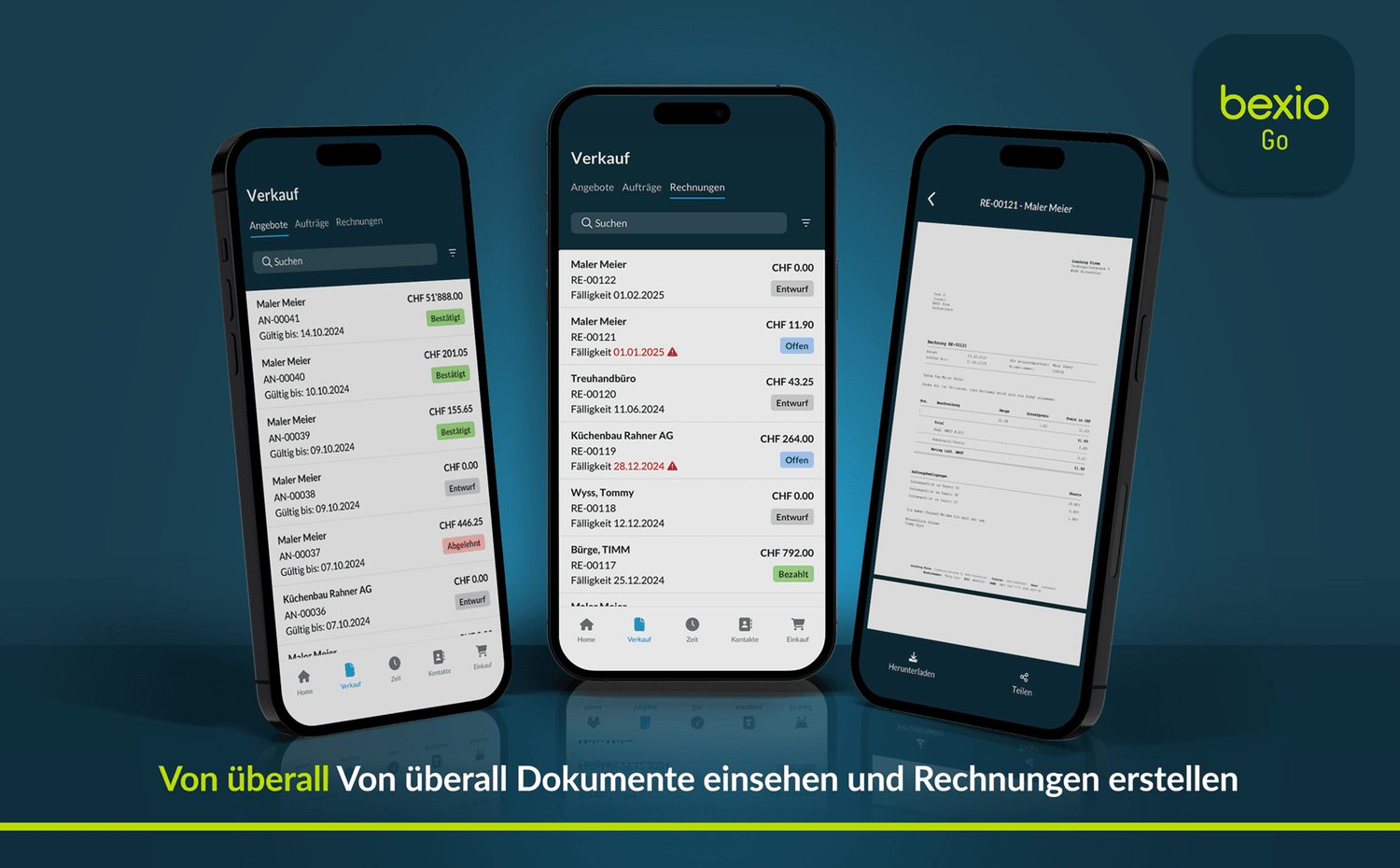 bexio Go App auf drei Smartphones: Angebote, Rechnungen und Rechnungsansicht unterwegs