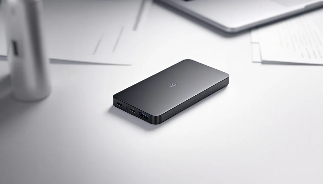 Das Bild zeigt eine externe SSD, die auf einem Tisch liegt, umgeben von verschiedenen Kabeln, darunter ein USB-C- und ein USB 3.0-Anschluss. Diese portable Festplatte ist ideal für schnelle Datenübertragungen und Backups von Fotos und Dokumenten.