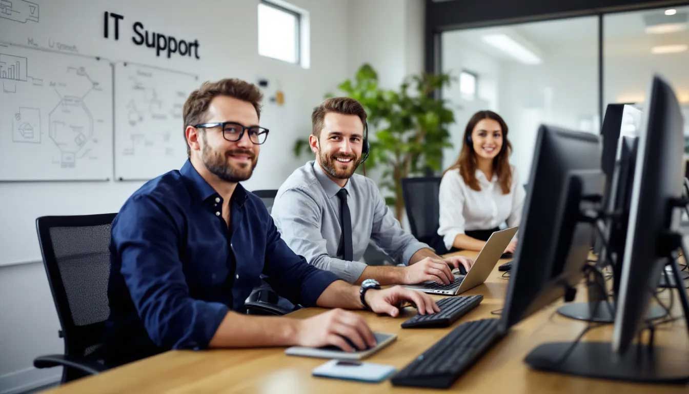 Das Bild zeigt ein engagiertes IT-Support-Team, das bereit ist, Kunden bei Computerproblemen und IT-Anliegen zu helfen. Sie bieten Unterstützung für verschiedene Geräte, einschließlich PCs und Notebooks, und stehen für Reparaturen sowie Beratungen in der Region Münchenbuchsee zur Verfügung.