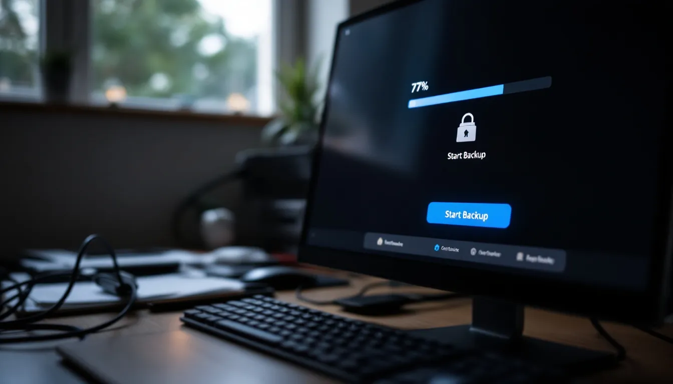 Das Bild zeigt einen Computerbildschirm, auf dem die Benutzeroberfläche von Windows 10 oder Windows 11 zu sehen ist, während ein Backup des Systems erstellt wird. In der unteren Ecke sind die Optionen zur Fehlerbehebung und zur Reparatur von Problemen sichtbar, um die Sicherheit und Leistung des Betriebssystems zu gewährleisten.